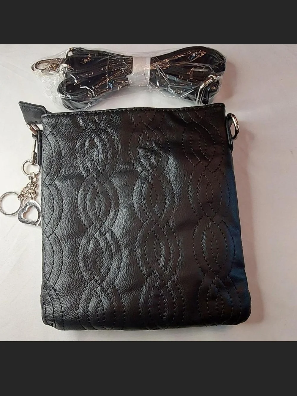 NWOT Bella Russo Black Quilted Crossbody Bag Heart Charm